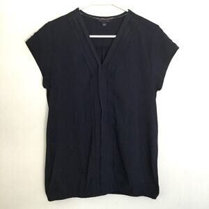 TOMMY HILFIGER Pleated V-Neck Blouse Navy Blue Short Sleeve sz L